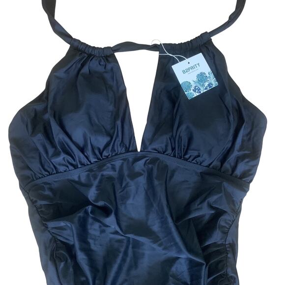 NWT B2PRITY WOMEN'S BLACK RUCHED PADDED HALTER ONE PIECE SWIMSUIT SIZE XL - Picture 2 of 7